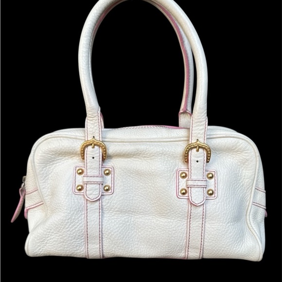 Dooney & Bourke Marchesa Cream Pebbled Arnella Leather Pink Piping Handbag - Picture 1 of 9